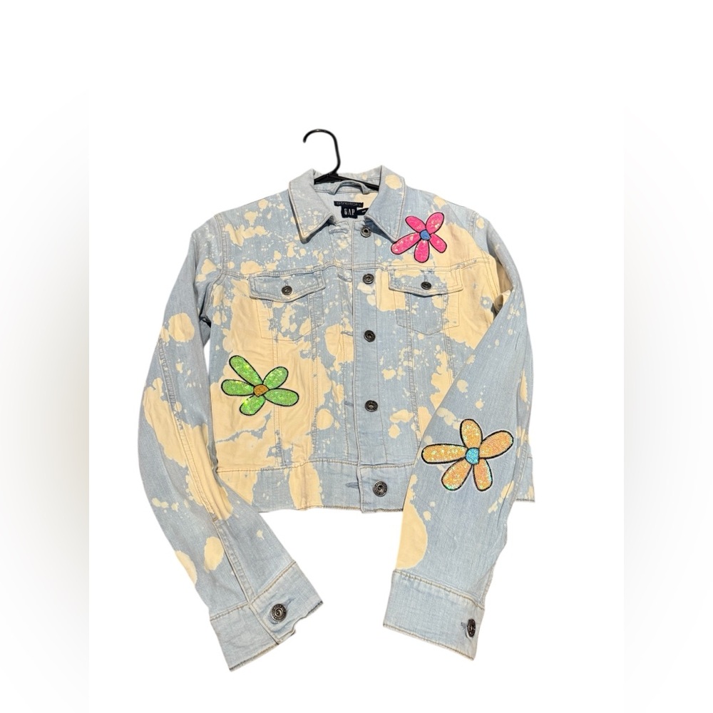 Upcycled Custom Bleach Dyed Denim Jacket Y2K Floral Sequins Boho Streetwear